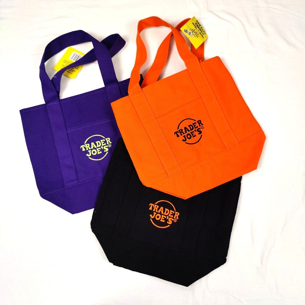 SET-OF-THREE COLORS Trader Joe's Mini Canvas Tote Bag Halloween Limited Edition
